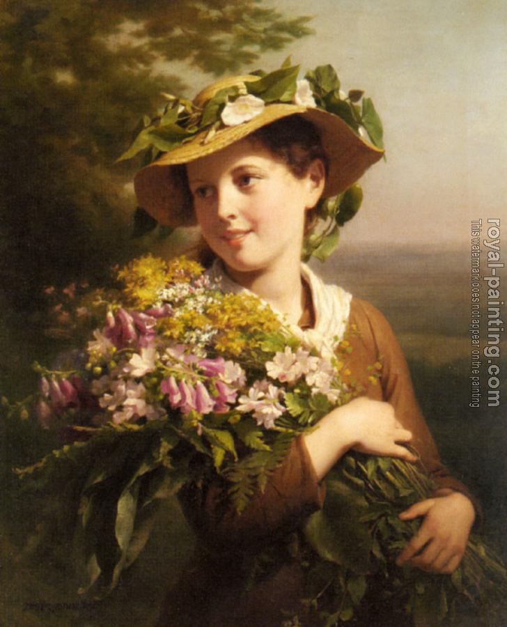 Fritz Zuber-Buhler : A Young Beauty holding a Bouquet of Flowers